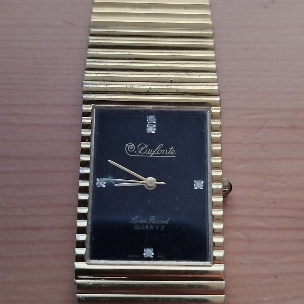 Vtg. Dufonte Lucien Picard Black and diamond face Japan Movt Gold Tone Watch